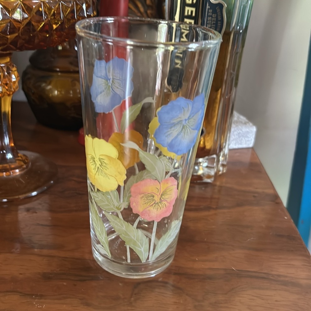Vintage Pansy Floral Glass Drinking Glass